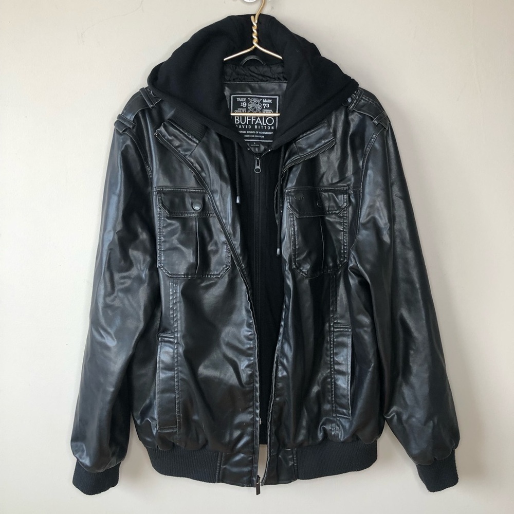 Men's Buffalo David Bitton black Faux Leather Hoodie Dickie Bomber Jacket L